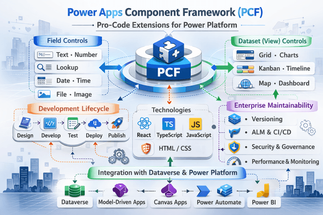 PCF architecture showing lifecycle, field and dataset controls, and enterprise governance