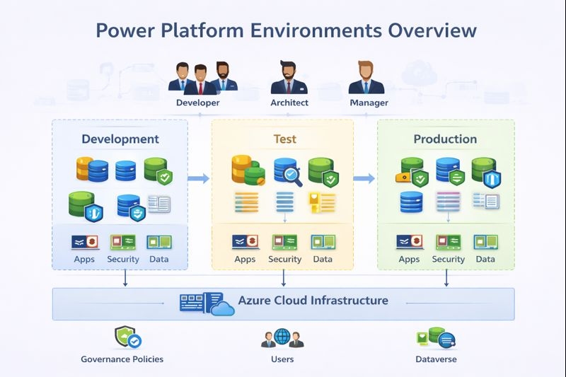Diagram illustrating multiple Power Platform environments such as development, test, and production with isolated resources
