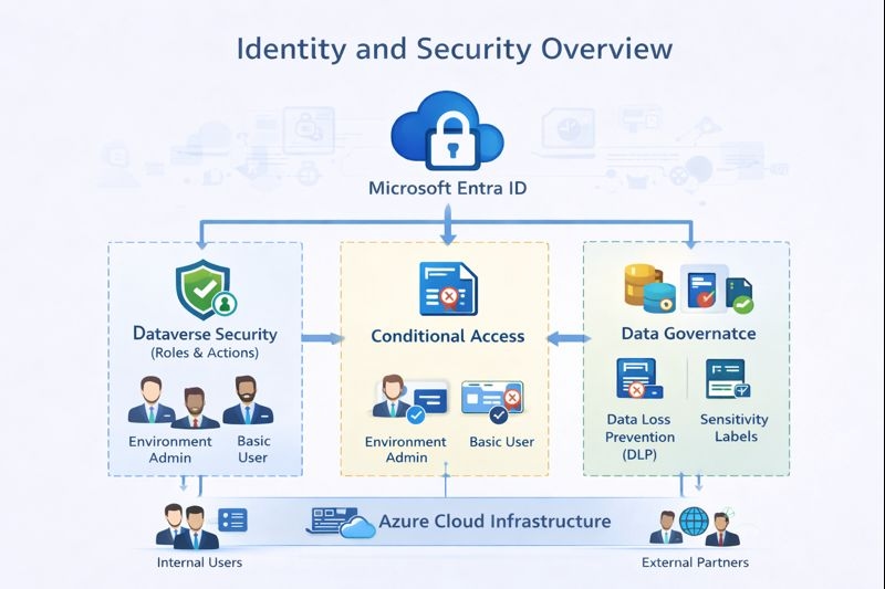 High-level diagram showing Power Platform security layers including Entra ID, Dataverse security roles, and governance policies