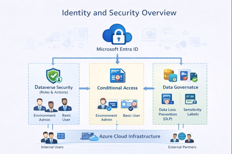 High-level diagram showing Power Platform security layers including Entra ID, Dataverse security roles, and governance policies